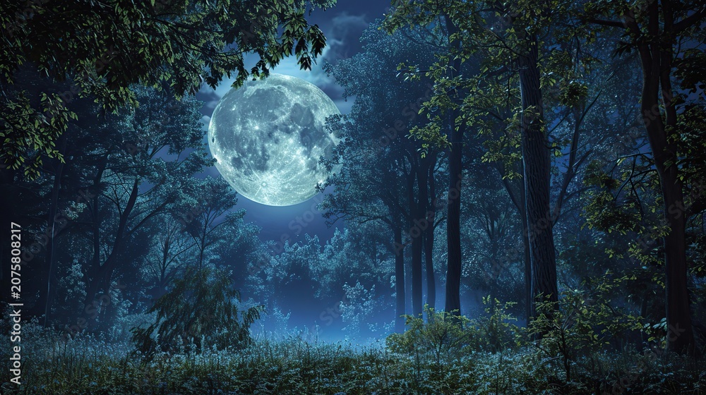 Fototapeta premium Moonlit Blue Forest Landscape Under Silvery Night Sky with Mist
