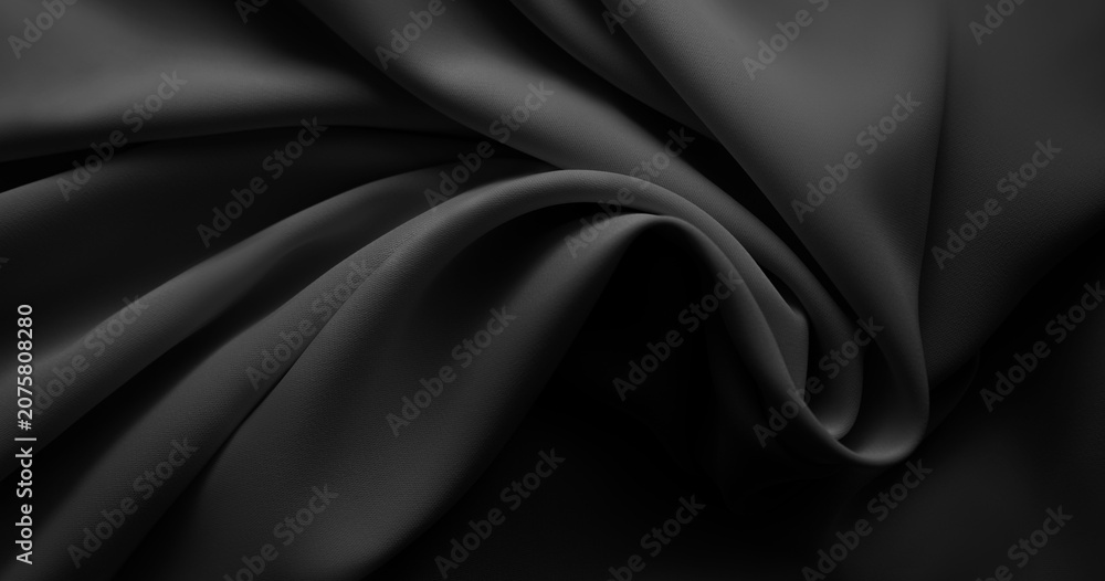 Obraz premium Beautiful dark grey monochrome matte material. Elegant crumpled satin silk fabric texture. Wavy folds. Web banner, wide background. Textile, home decor, interior