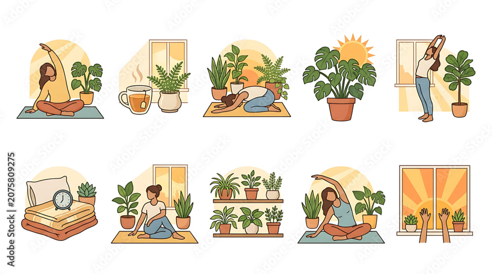Fototapeta premium Set of illustrations depicting morning yoga, meditation, and selfcare routines with indoor plants and sunrise