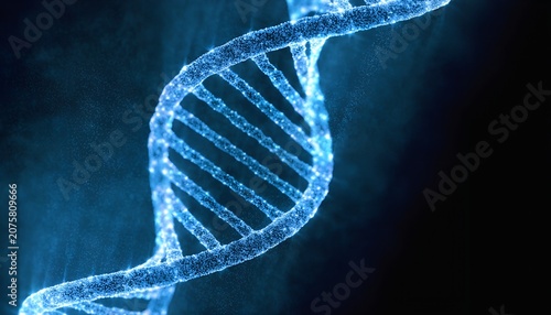 Futuristic Glowing DNA Double Helix with Molecular Particles and Genetic Data Visualization, Advanced Biotechnology, Genomics, Medical Research, Artificial Intelligence Science Background, 3D Render