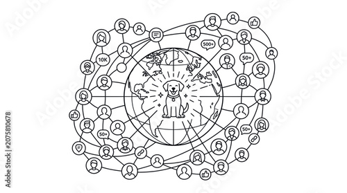 Intricate Network of Human Silhouettes Connected in Circular Digital Pattern Line Art