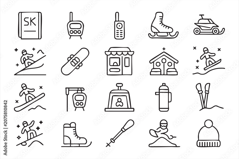 Fototapeta premium Snowboard and Skiing Line Icon Set for Mountain Vacation Graphics