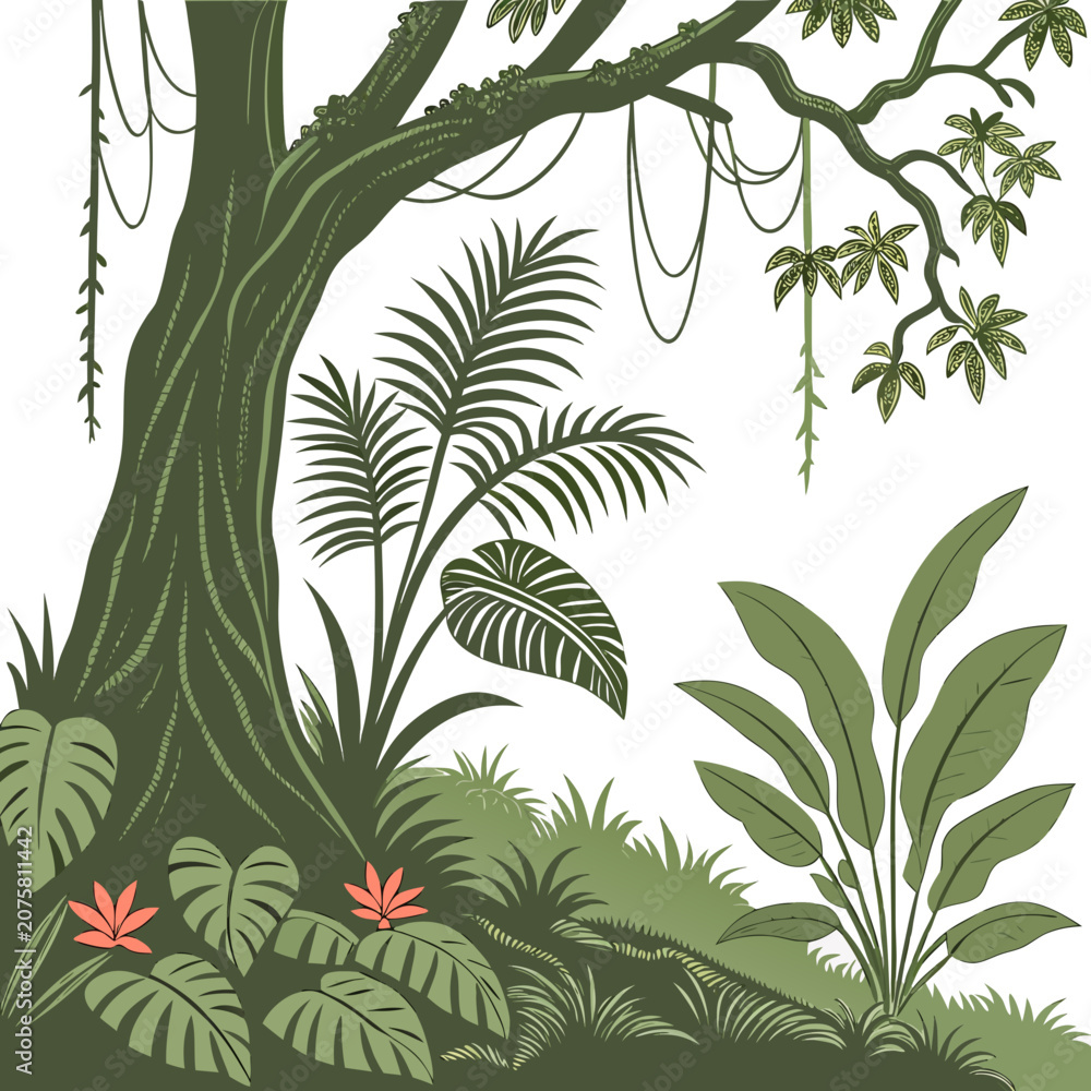 Obraz premium Lush tropical rainforest landscape with giant trees and exotic plants illustration rainforest tropical landscape illustration adventure woodland