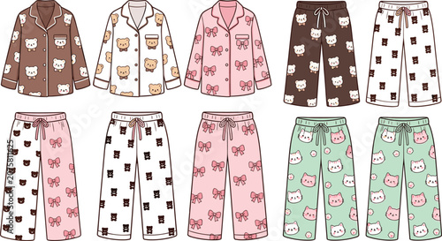 Fotografía Cute cartoon pajama set template vector illustration featuring teddy bear cat an