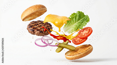 Deconstructed Cheeseburger Exploded View Isolated on White Background