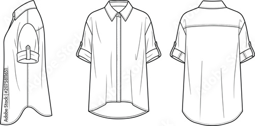 Photos Fashion technical sketch of women short sleeve roll up button up shirt template