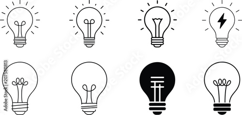 Electric Light Bulb and Glowing Idea Thin Line Icon Vector Illustration Set Featuring Incandescent Filaments Shining Beams and Power Lightning Bolt Symbols