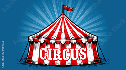 Vintage woodcut style illustration of a red and white striped circus big top tent with text against a blue sunburst background created with Generative AI Technology, ai, generative