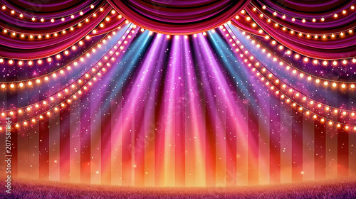 estive entertainment stage background with a red striped curtain, glowing spotlights, fairy string lights, and glitter created with Generative AI Technology, ai, generative