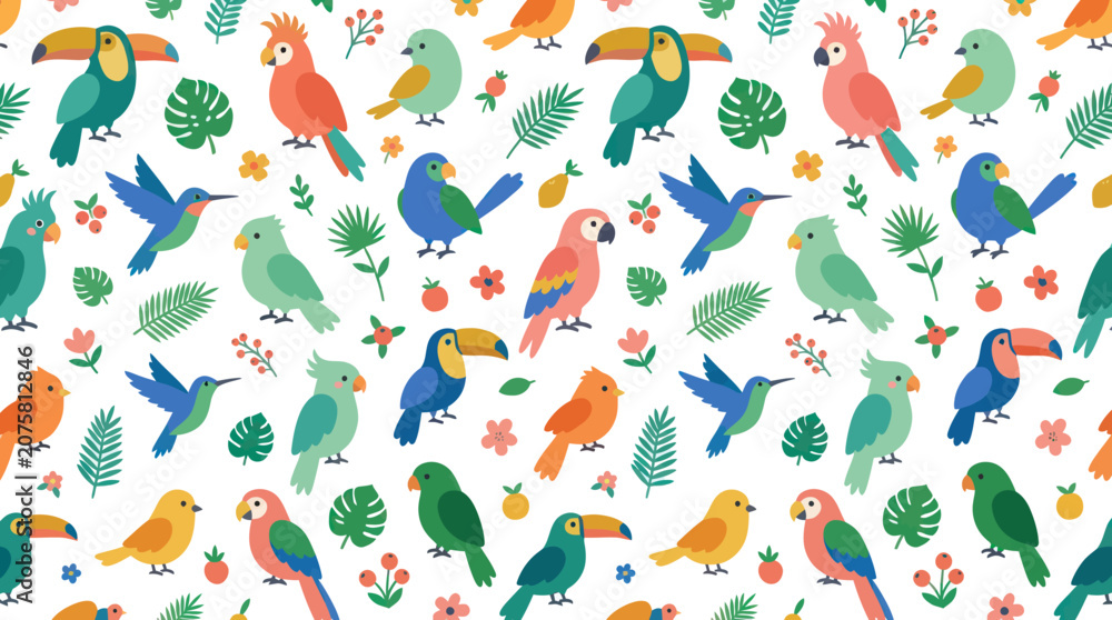 Fototapeta premium Flat Design Tropical Birds Seamless Pattern, Cute Parrot Toucan Vector Art
