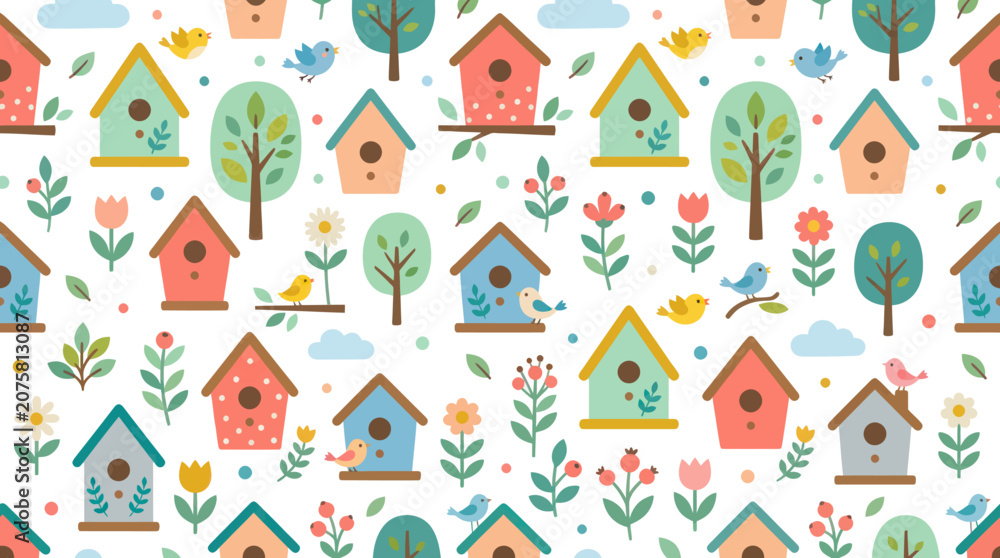 Fototapeta premium Home Garden Flat Design Seamless Pattern: Cute Birdhouses, Birds, Trees Spring Flowers Vector