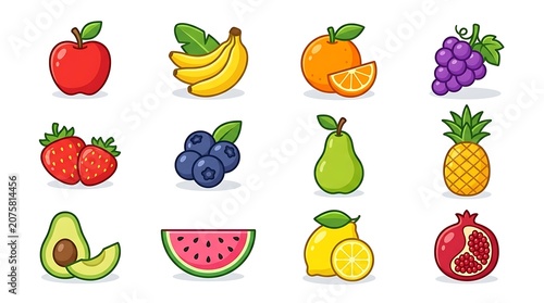 Colorful cartoon fruits and vegetables illustration set.