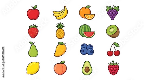 Colorful cartoon fruit and berry icons set.
