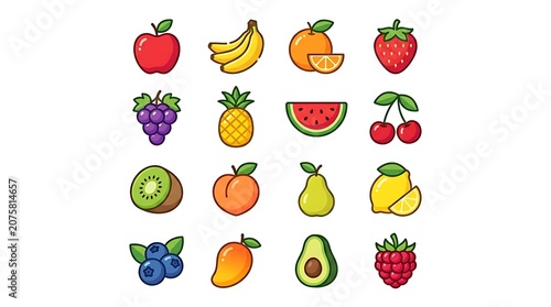 Colorful cartoon fruits and vegetables collection.