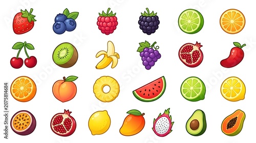 Colorful cartoon fruit and vegetable icons set.