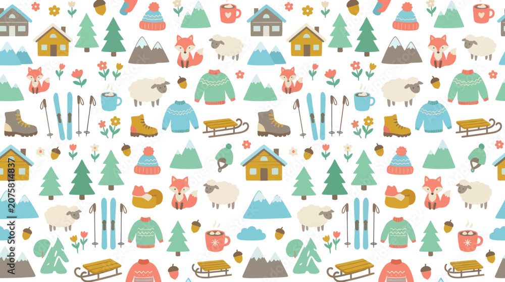 Fototapeta premium Cute Flat Vector Seamless Winter Pattern with Cozy Houses, Forest Animals, Ski Gear, and Holiday Elements