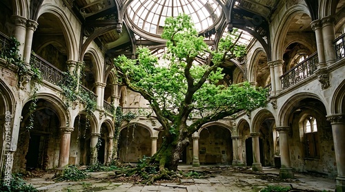 Gothic cloister courtyard with lush greenery and arches.