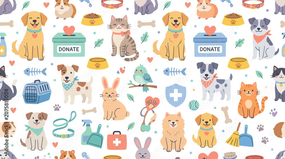 Fototapeta premium Cute Pets and Pet Care Donation Seamless Pattern, Flat Illustration