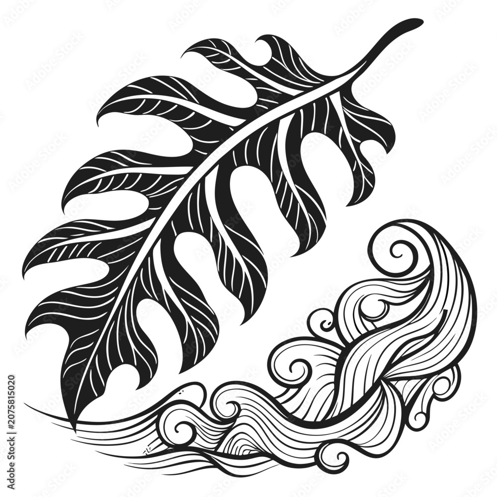 Fototapeta premium Abstract tropical leaf and swirling ocean wave line art illustration with botanical illustration tropical minimalist decorative stylized