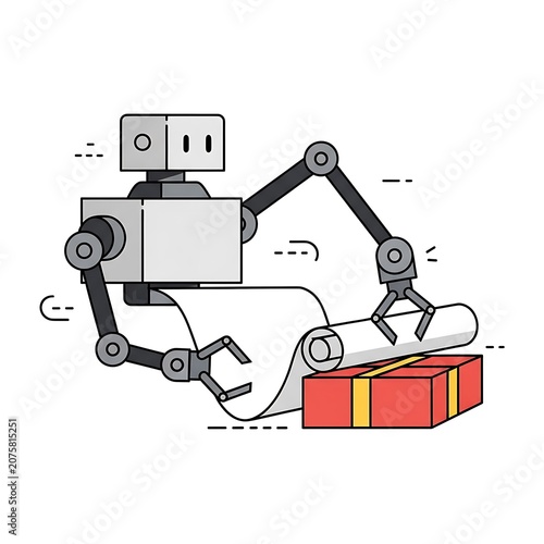 Industrial robotic arm assembling red box components.