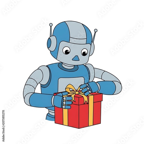 Cartoon robot holding gift box with bow.