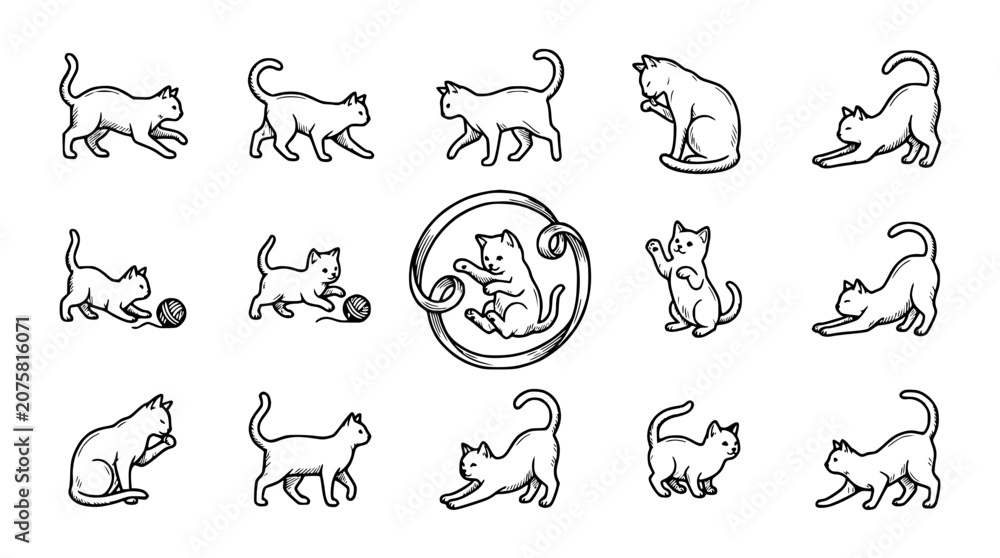 Fototapeta premium Cute Hand-Drawn Cat Poses Collection: Playful Felines in Sketch Style