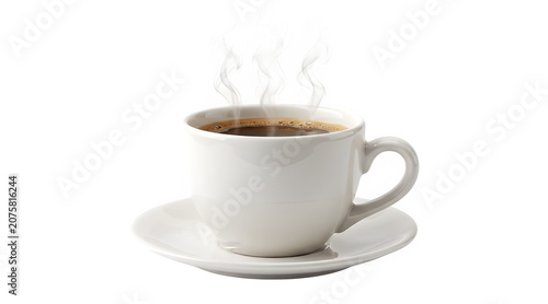 Steaming cup of hot coffee in a ceramic mug on a saucer with steaming caffeine beverage breakfast espresso cappuccino porcelain tableware drinkware invigorating isolated energetic