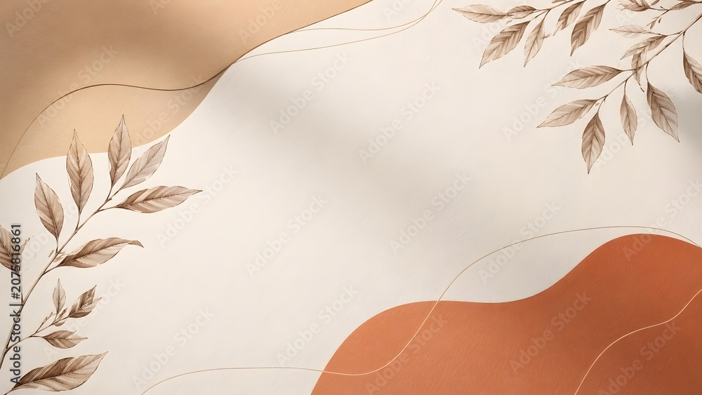 Naklejka premium Minimalist boho background with organic terracotta shapes and botanical leaves. Modern earthy aesthetic ideal for lifestyle branding, social media posts, and contemporary interior wall art.