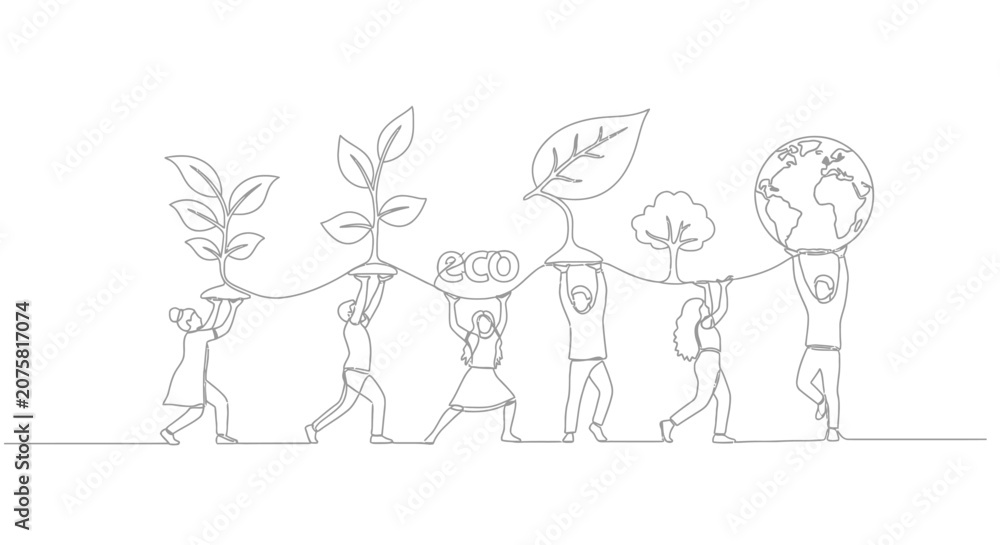 Fototapeta premium Diverse people unite to support planet earth, plants, and eco symbol, symbolising global conservation