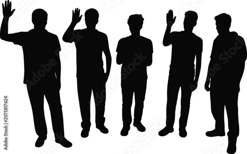 WebFive human silhouettes standing together with raised arms symbolizing unity, diversity, teamwork, and collaboration
