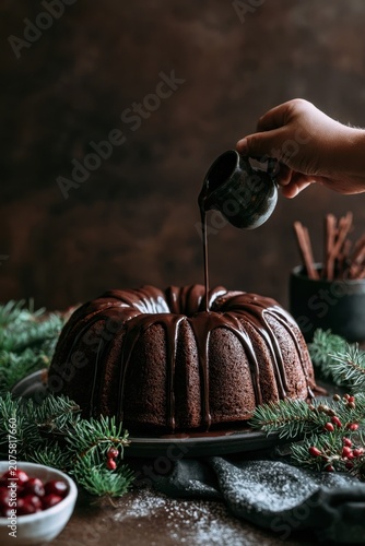 A hand pours rich dark chocolate glaze over a chocolate bundt cake adorned with evergreen sprigs and red berries on a rustic table