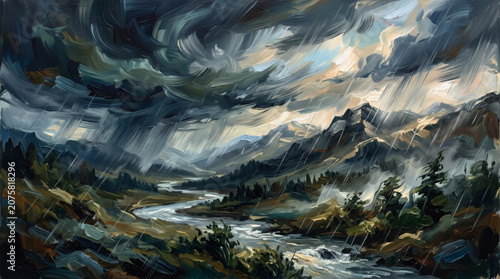 Expressive Acrylic Landscape Painting of Mountains and River During a Dynamic Rainstorm