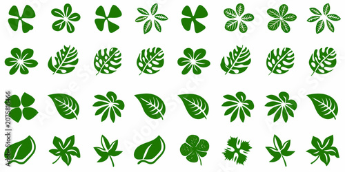 Fényképezés Green leaf designs arranged in a grid pattern on a white background