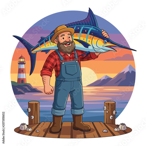 A proud fisherman displays a marlin on the dock at sunset, capturing the essence of fishing culture, outdoor adventures, and the serene beauty of nature.