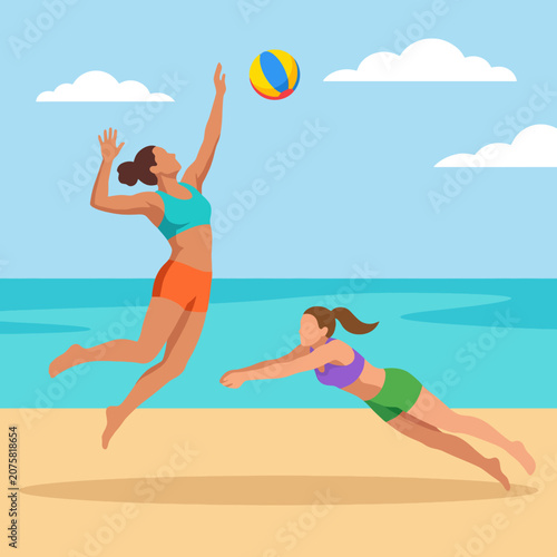 A thrilling moment captured of two women playing beach volleyball, one leaping to hit the ball while the other dives to save, set against a beautiful ocean backdrop.