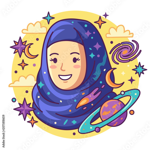 This enchanting illustration showcases a girl in a colorful hijab against a cosmic backdrop, highlighting the beauty of space with swirling galaxies and stars, celebrating diversity.