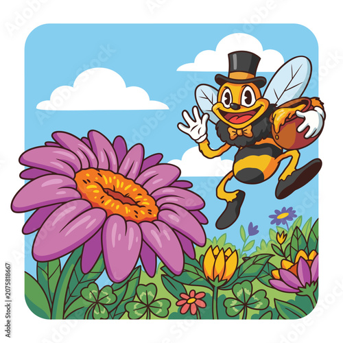 This whimsical illustration features a happy bee wearing a top hat and bow tie, joyfully interacting with colorful flowers under a bright blue sky filled with fluffy clouds.
