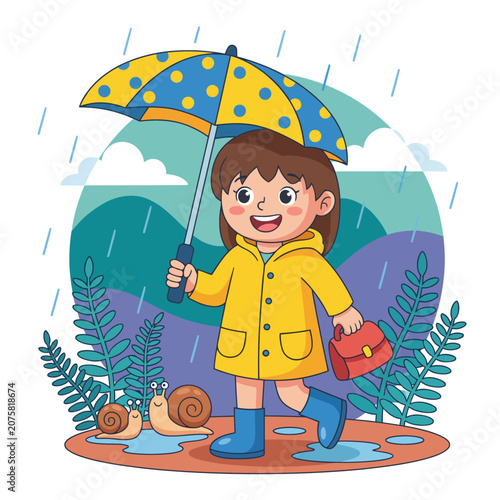 A cheerful child wearing a yellow raincoat and holding a polka-dotted umbrella stands in a puddle, surrounded by nature and friendly snails in the background.