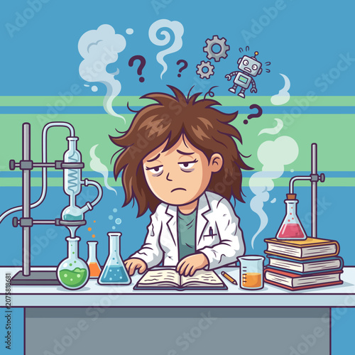 A frustrated scientist struggles with complex experiments, surrounded by bubbling flasks and perplexing thoughts, visually portraying the challenges of scientific inquiry.