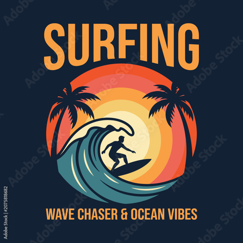This vibrant image captures a dynamic surfing scene with waves, a surfer in action, and palm trees, evoking a sense of adventure and beach lifestyle perfect for summer themes.