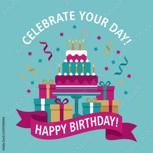 A vibrant birthday cake decorated with candles stands tall amidst a collection of beautifully wrapped gifts, inviting everyone to celebrate the special day in style.