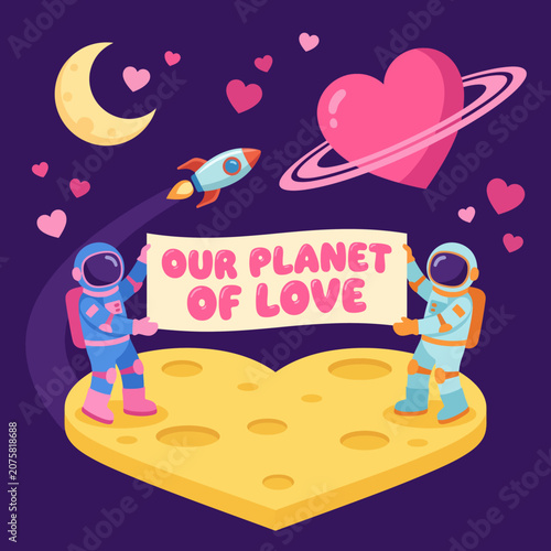 A whimsical illustration depicting astronauts celebrating love on a heart-shaped planet, featuring rockets and celestial elements, perfectly capturing a lighthearted, joyous theme.