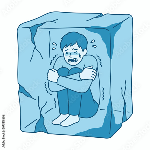 A blue-toned illustration showing a sad character curled up in a block of ice, symbolizing feelings of isolation and fear, highlighting emotional struggles in a creative artwork representation.