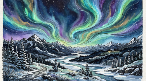 Enchanting Aurora Borealis Paints a Winter Mountain Landscape with Starry Sky