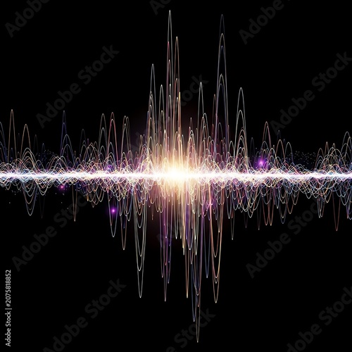 Brilliant luminous energy pulse visualized as complex oscillating waveforms against a dark background