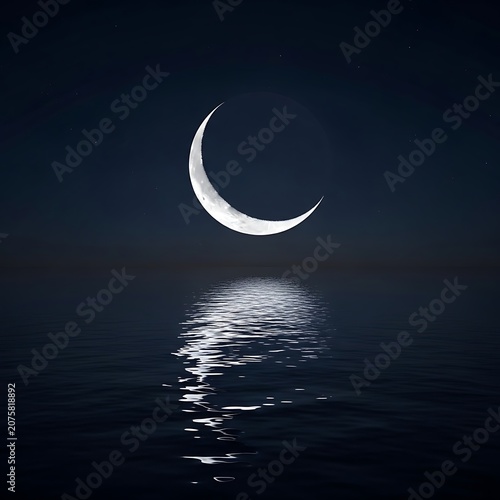 Crescent moon illuminates dark ocean surface under a starry night sky
