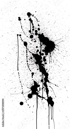 Vertical formation of black ink splashes and drips against a stark white background