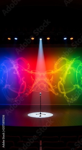 Empty performance stage illuminated by a single spotlight focusing on a microphone stand