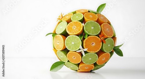 Citrus halves arranged in a spherical composition accented with green foliage and small blossoms