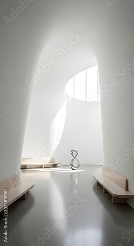 Modern architectural interior features smooth curved walls and a striking sculptural element bathed in natural light